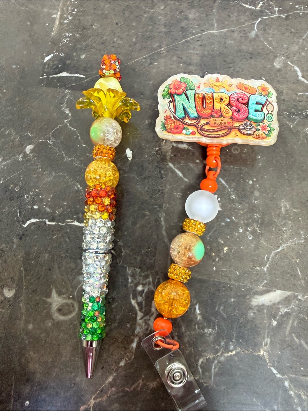 Aloha Nurse Floral Rhinestone Beaded Pen and Matching Badge Reel Set Handmade